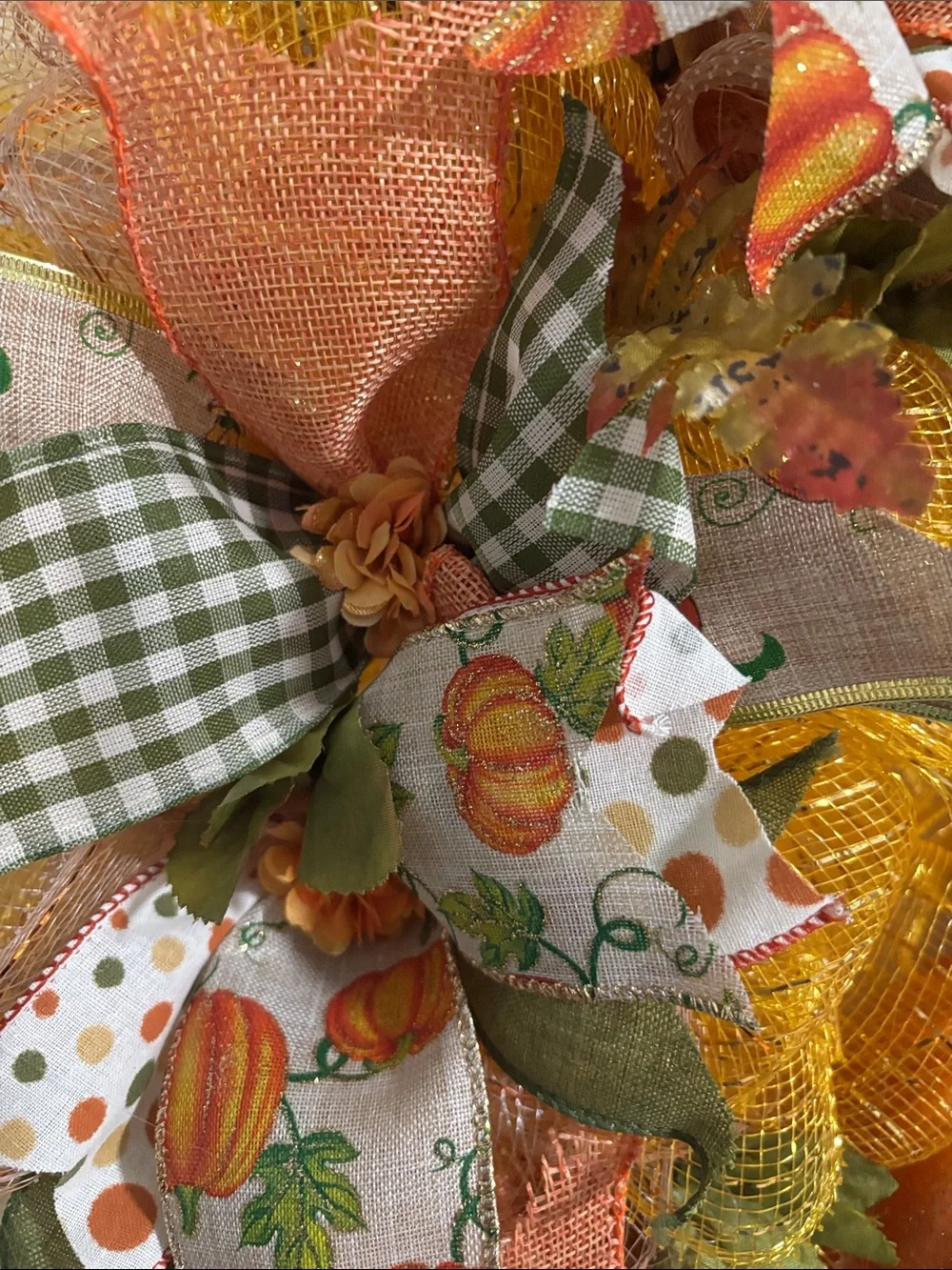 Hand Crafted Fall Pumpkin Wreath in Orange, Green & Gold